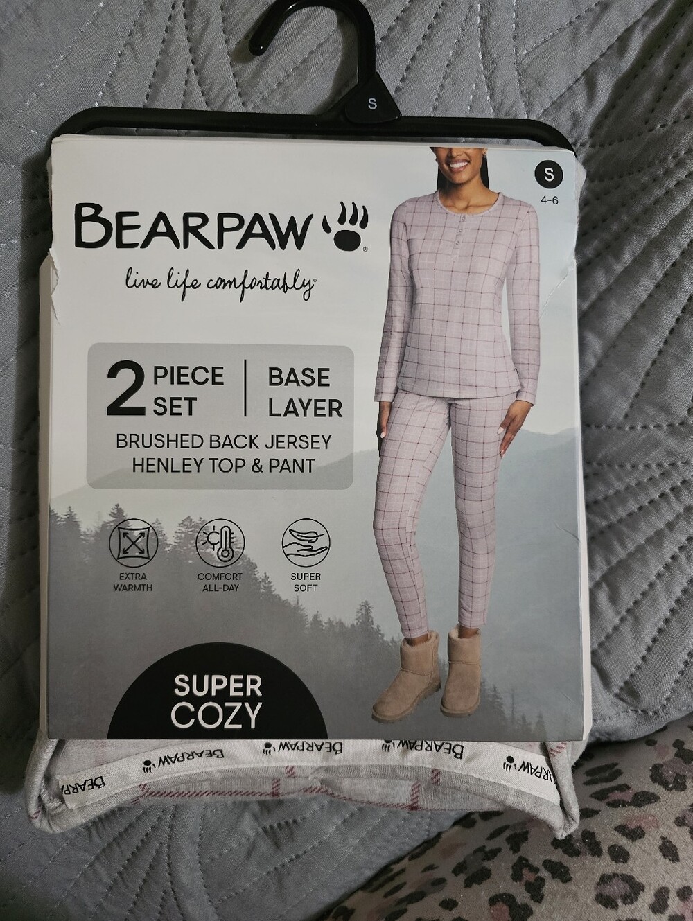 NWT Bearpaw 2 Piece Base Layer Set Plaid Henley Top & Pant Grey Small